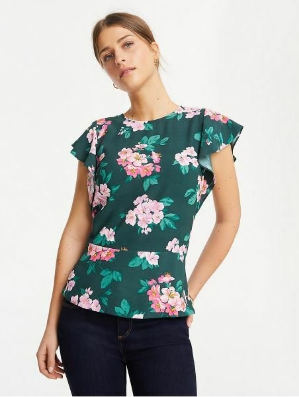 Ann Taylor Dark Green Floral Short Sleeve Blouse with Pink Blooms Size 10